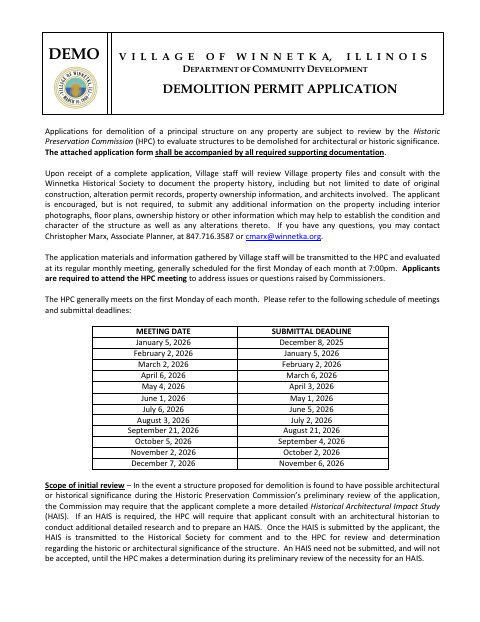First page of the Demolition Permit Review Application Packet