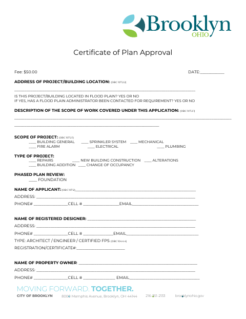 First page of the Certificate of Plan Approval Application