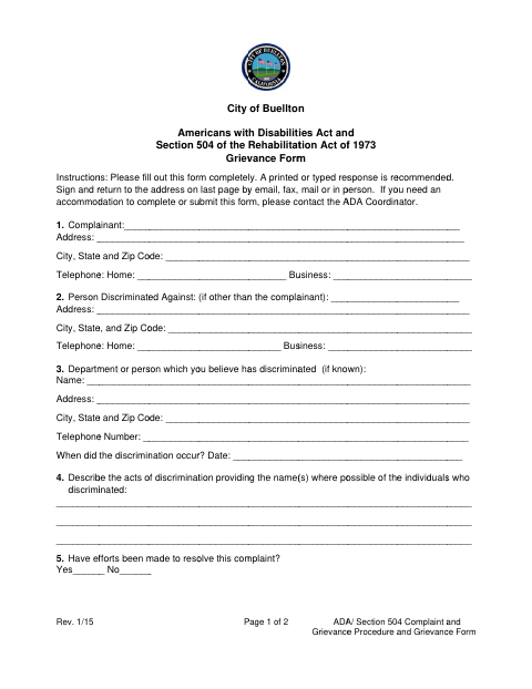 First page of the ADA Grievance Form