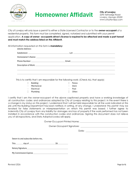 First page of the Homeowner Affidavit