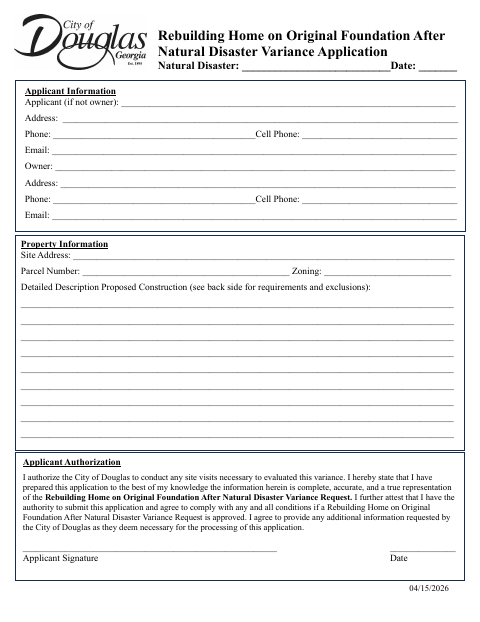 First page of the Rebuilding Home on Original Foundation After Natural Disaster Variance Application