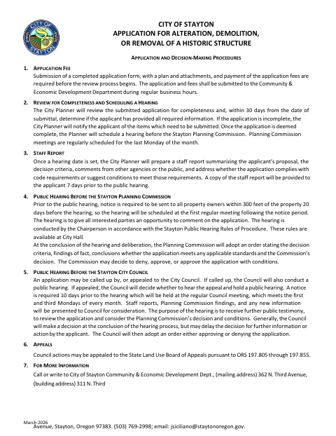 First page of the Historic Structure Alteration, Demolition, or Removal Application