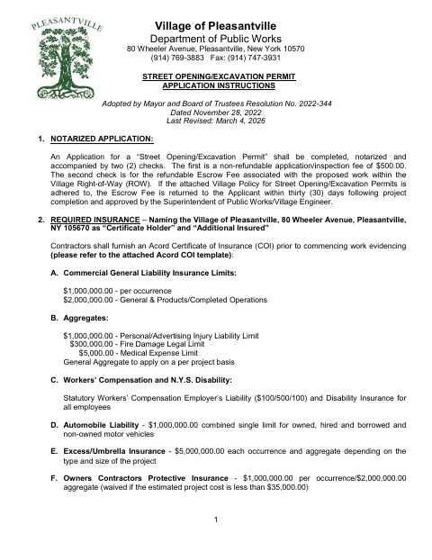 First page of the Street Opening/Excavation Permit Application