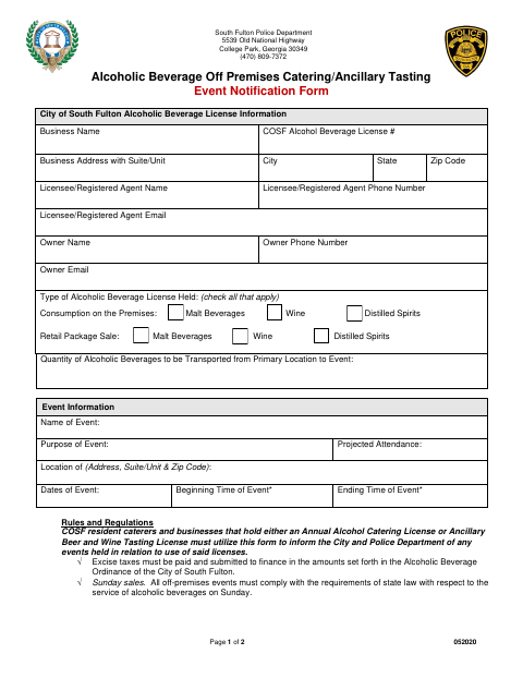 First page of the Alcoholic Beverage Off-Premises Catering and Ancillary Tasting Event Notification Form