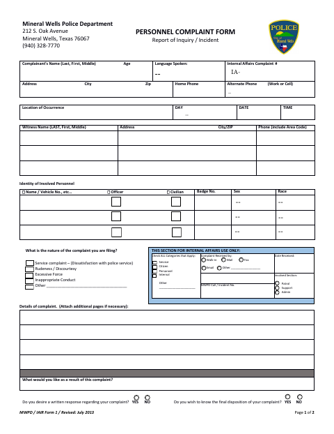 First page of the Personnel Complaint Form