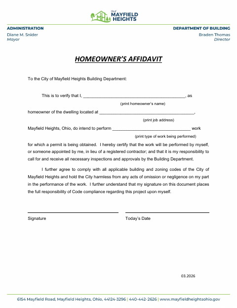 First page of the Homeowner's Affidavit