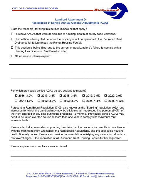 First page of the Landlord Attachment D: Restoration of Denied Annual General Adjustments (AGAs)