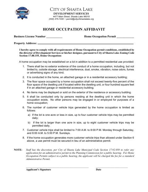 First page of the Home Occupation Affidavit