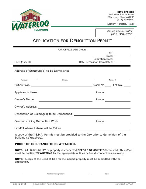 First page of the Demolition Permit Application