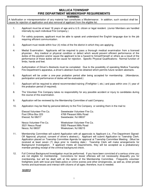 First page of the Fire Department Membership Application