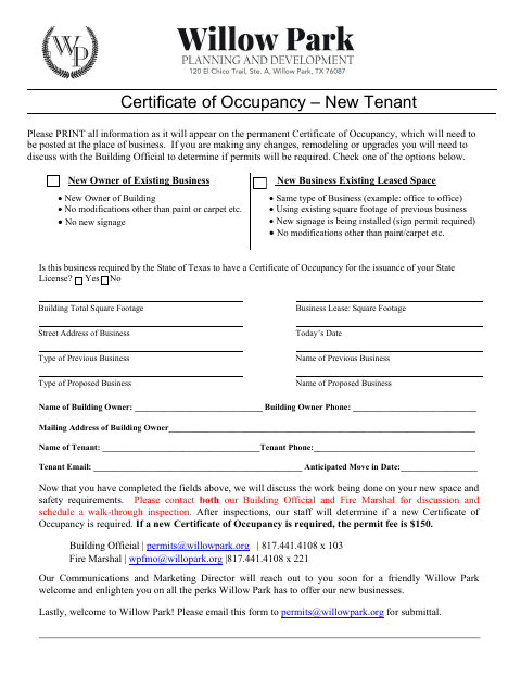 First page of the Certificate of Occupancy – New Tenant