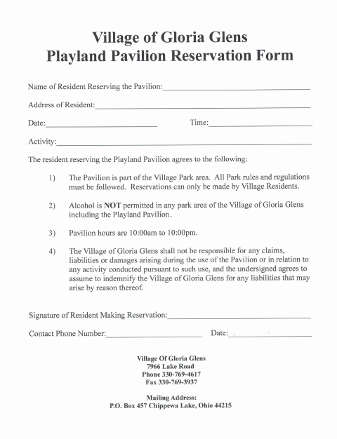 First page of the Playland Pavilion Reservation Form