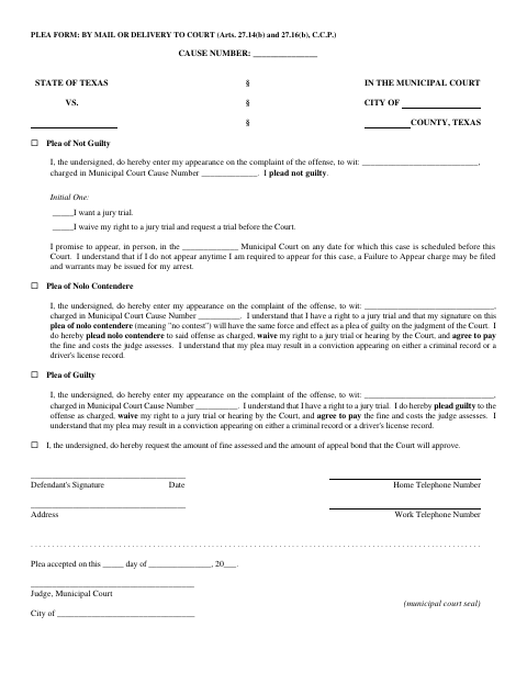 First page of the Municipal Court Plea Form By Mail or Delivery