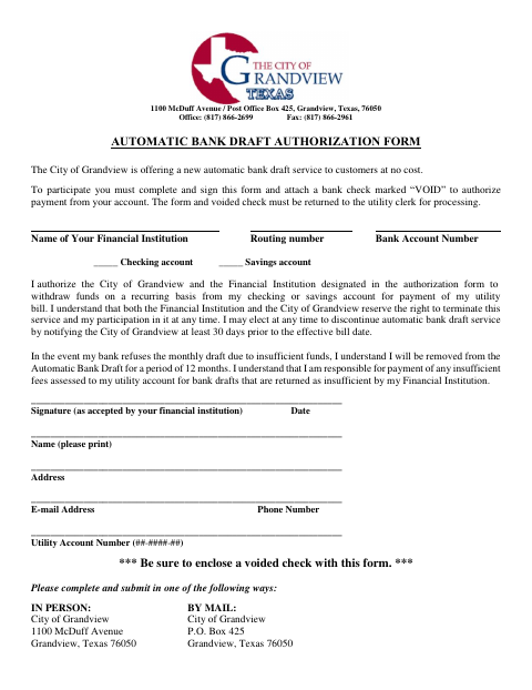 First page of the Automatic Bank Draft Authorization Form