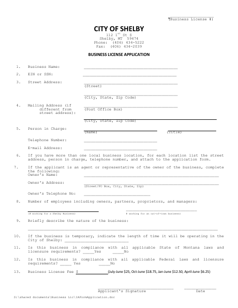 First page of the Business License Application