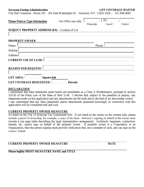 First page of the Lot Coverage Waiver Application