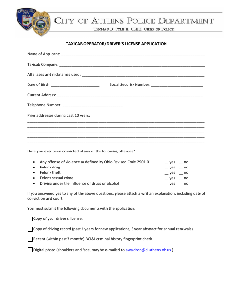 First page of the Taxicab Operator/Driver’s License Application