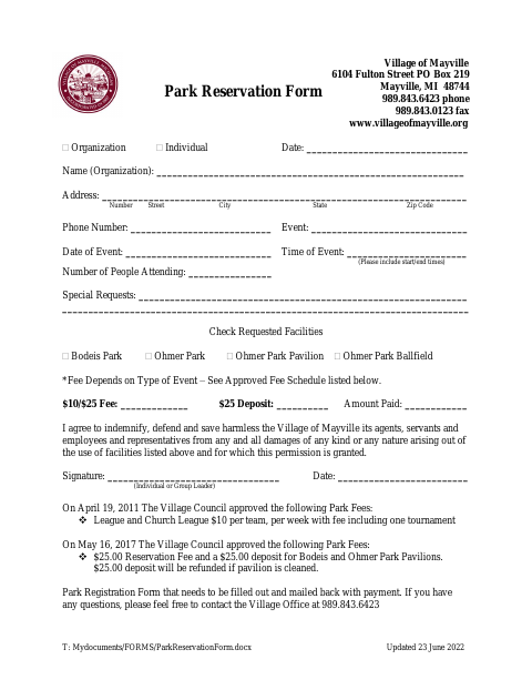 First page of the Park Reservation Form