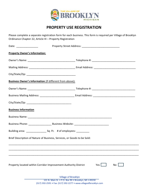 First page of the Property Use Registration