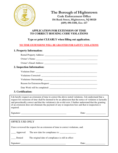 First page of the Application for Extension of Time to Correct Housing Code Violations
