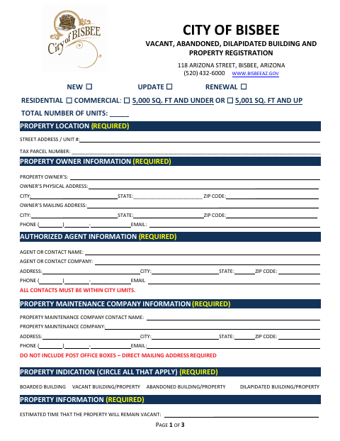 First page of the Vacant, Abandoned, Dilapidated Building and Property Registration