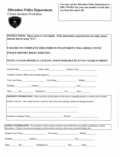 First page of the Citizens Incident Report