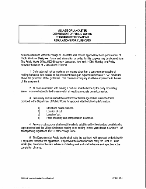 First page of the Curb Cut Application