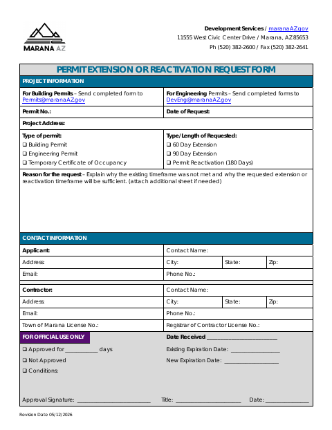 First page of the Permit Extension or Reactivation Request Form