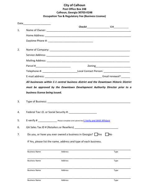 First page of the Business License Application