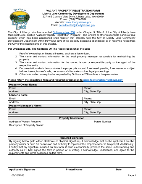 First page of the Vacant Property Registration Form