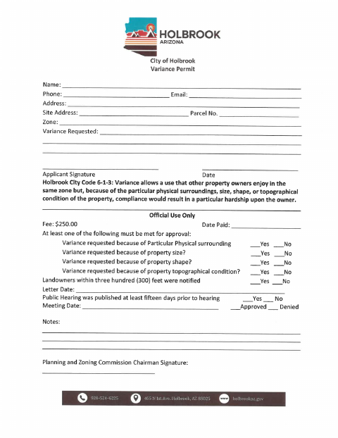 First page of the Variance Permit