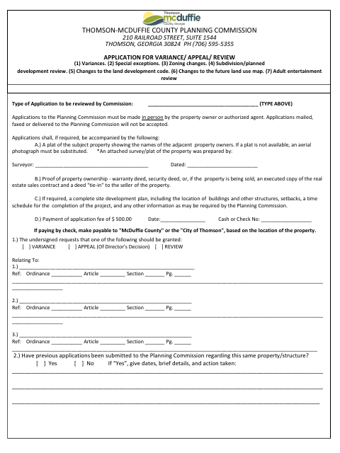 First page of the Application for Variance, Appeal, or Review