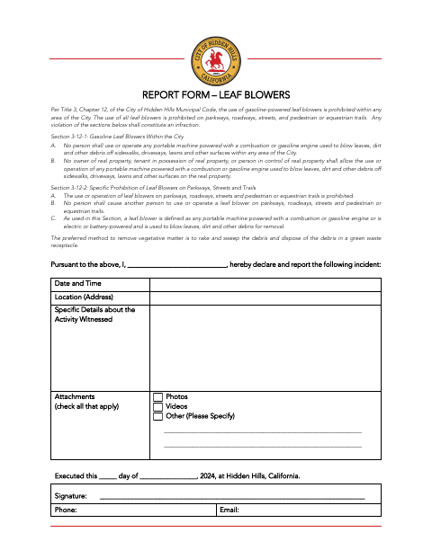 First page of the Leaf Blower Report Form