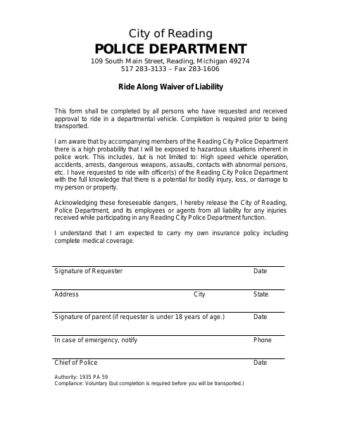 First page of the Ride Along Waiver of Liability
