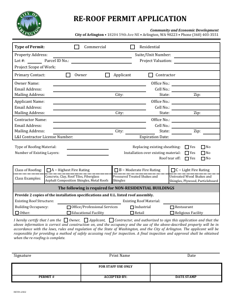 First page of the Re-Roof Permit Application