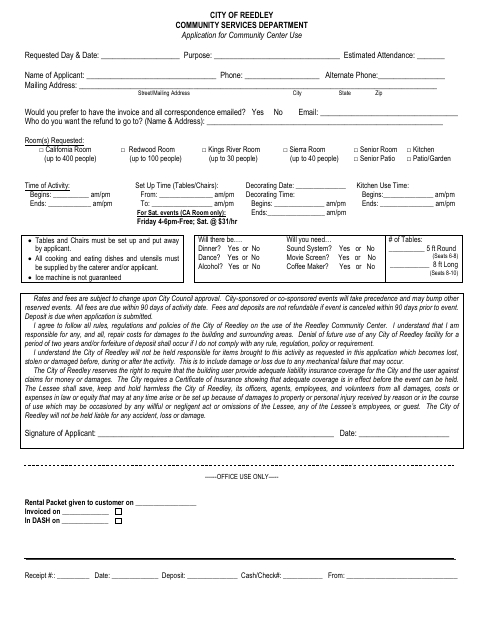 First page of the Application for Community Center Use