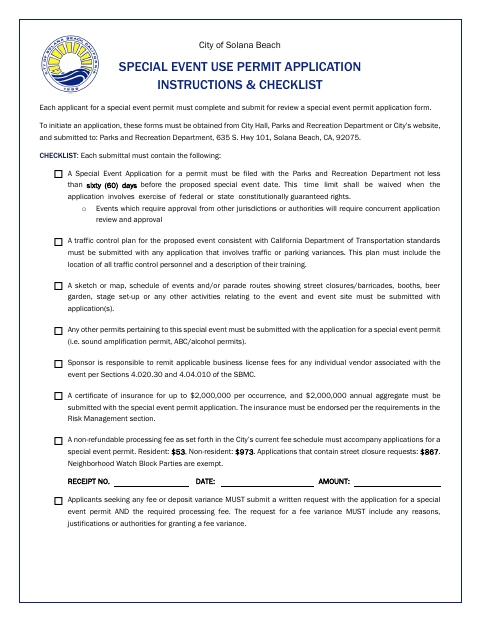 First page of the Special Event Use Permit Application Instructions & Checklist