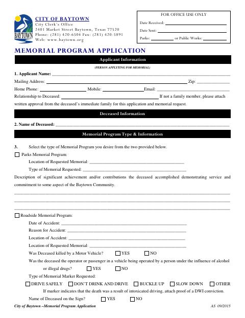 First page of the Memorial Program Application