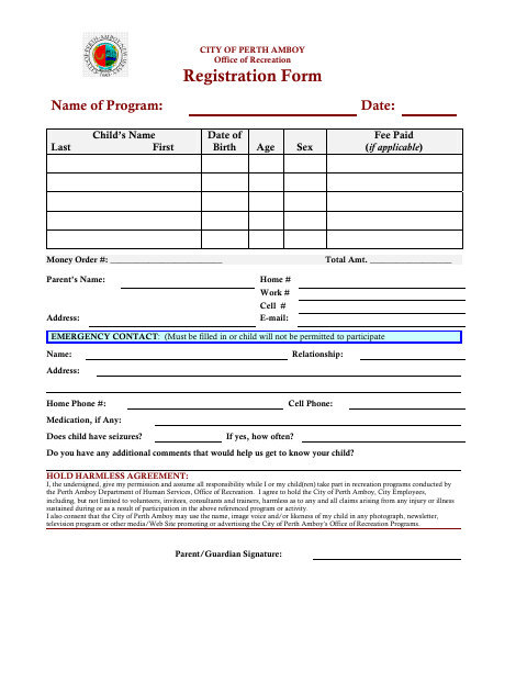 First page of the Recreation Registration Form