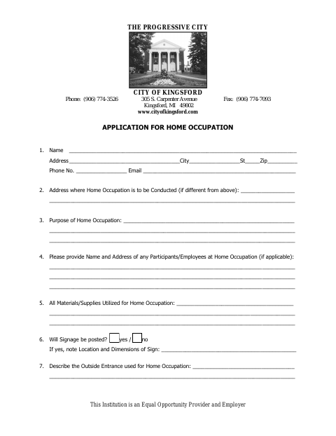 First page of the Home Occupation Application
