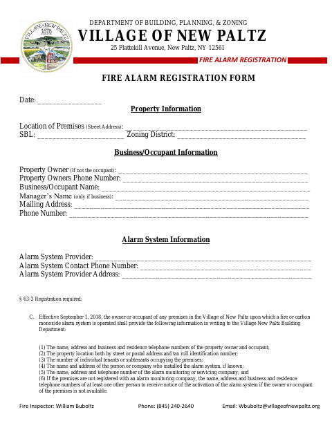 First page of the Fire Alarm Registration Form