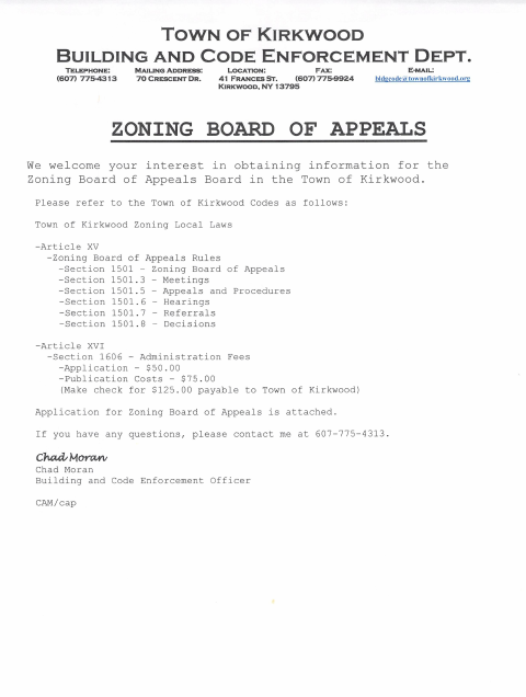 First page of the Zoning Board of Appeals Application
