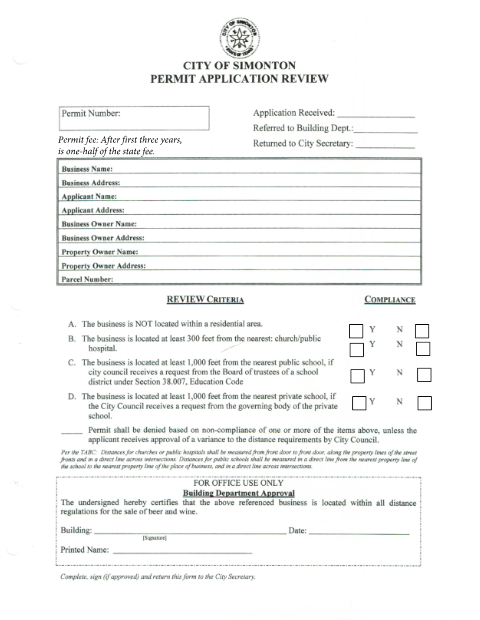 First page of the Beer/Liquor Permit Application