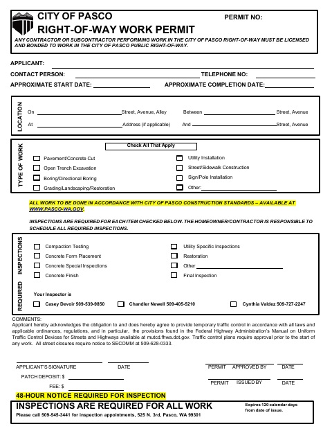 First page of the Right-of-Way Work Permit