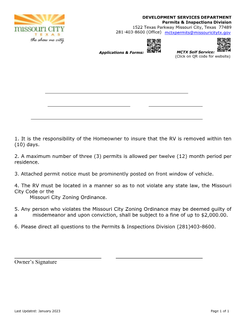 First page of the RV Parking Permit Application (10 Day)