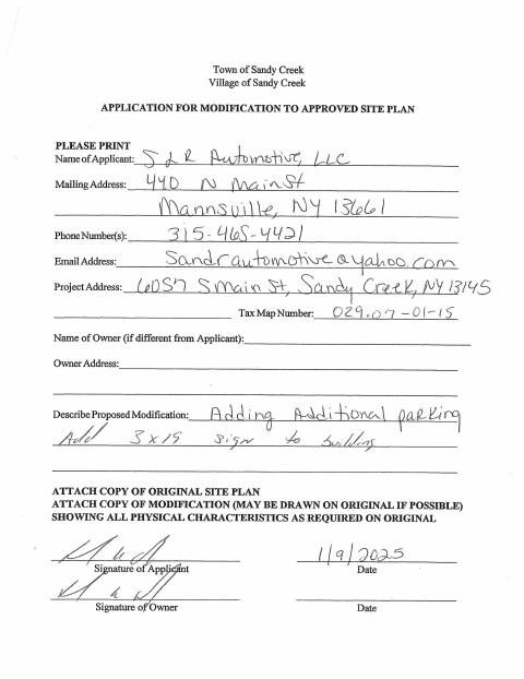 First page of the Application for Modification to Approved Site Plan