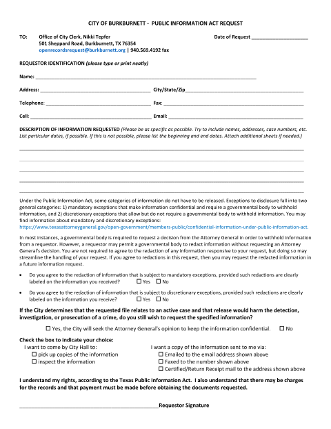 First page of the Public Information Request Form