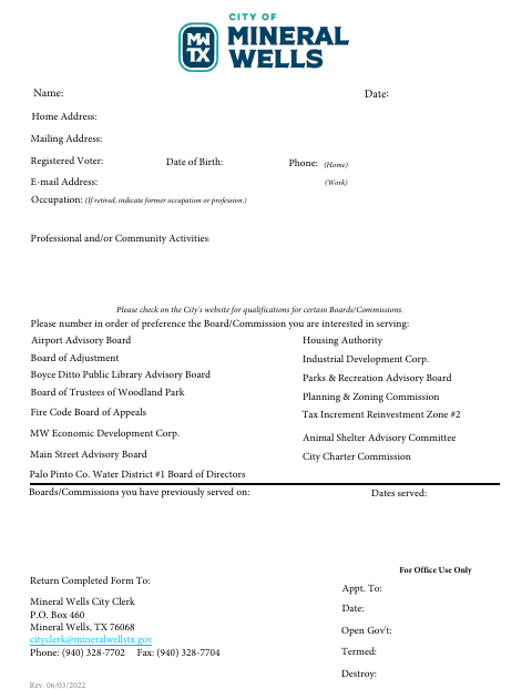 First page of the Application for Boards and Commissions