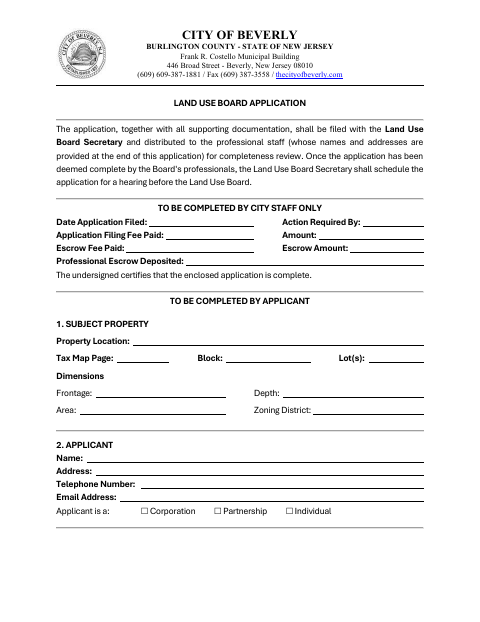 First page of the Land Use Board Application and Checklist