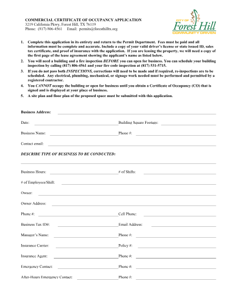 First page of the Commercial Certificate of Occupancy Application